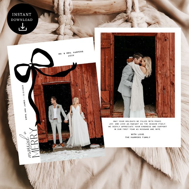 Merry and Married Script Photo Christmas Bow Holiday Card (Creator Uploaded)