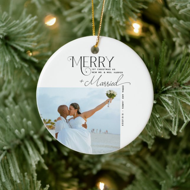 Merry and Married Script Photo Christmas Newlyweds Ceramic Ornament (Tree)
