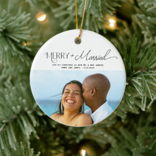 Merry and Married Script Photo Christmas Newlyweds Ceramic Ornament