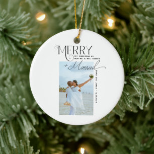 Merry and Married Script Photo Christmas Newlyweds Ceramic Ornament