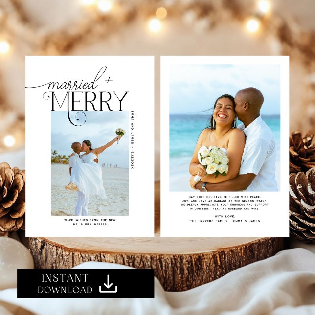 Merry and Married Script Photo Christmas Newlyweds Holiday Card (Creator Uploaded)