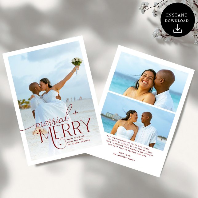Merry and Married Script Photo Christmas Newlyweds Holiday Card (Creator Uploaded)