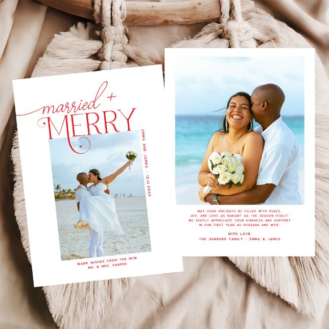 Merry and Married Script Photo Christmas Newlyweds Holiday Card (Creator Uploaded)