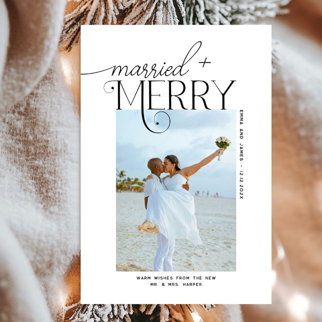 Merry and Married Script Photo Christmas Newlyweds Holiday Card (Creator Uploaded)