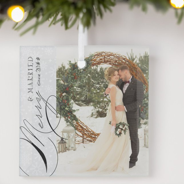 Merry and Married Script Vertical Photo Snowflake  Glass Tree Decoration (Wedding Photo Christmas Ornament from Newlywed Christmas Gift Ideas collection by Darling & May)