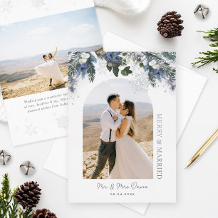 Merry and Married Silver Blue Green Winter Floral Foil Holiday Card