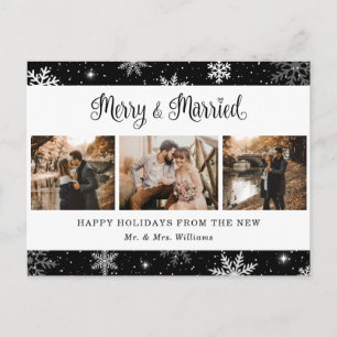 Merry and Married Snowflake Black Photo Collage Holiday Postcard