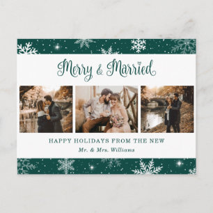 Merry and Married Snowflake Green Photo Collage Holiday Postcard