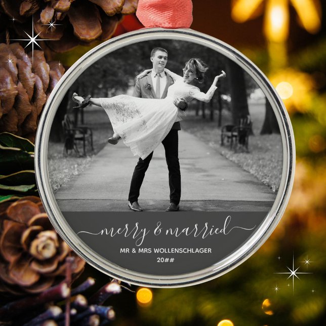 Merry and Married Timeless & Minimal Newlyweds  Metal Ornament (Available in assorted ornaments. )