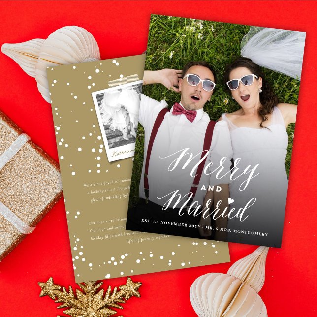 Merry And Married Trendy Script Photo Wedding  Holiday Card (Creator Uploaded)