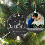 Merry And Married Typography First Christmas Photo Ceramic Ornament<br><div class="desc">Merry And Married Typography First Christmas Photo Ceramic Ornament . MERRY and MARRIED written in white fun font on a black background with snow flakes , makes the Christmas Ornament look elegant and very festive. The design can be fully customised by changing the photo and the text. For any further...</div>