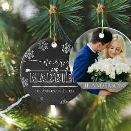 Merry And Married Typography First Christmas Photo Ceramic Ornament