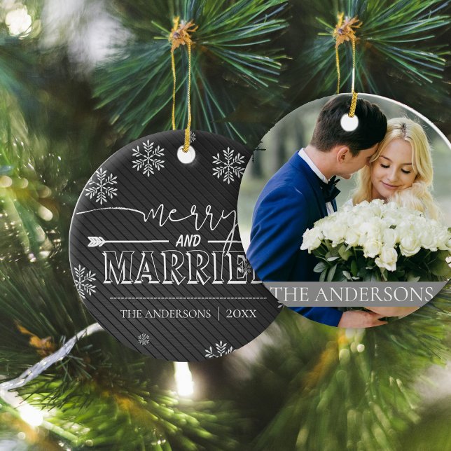 Merry And Married Typography First Christmas Photo Ceramic Ornament (Merry And Married Typography First Christmas Photo Ceramic Ornament)