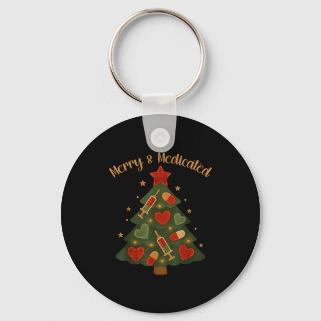 Merry And Medicated Rn Nurse Christmas Tree Funny  Key Ring (Front)