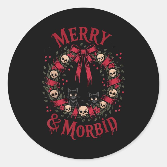 Merry And Morbid Christmas Funny Cute Cats Goth Cr Classic Round Sticker (Front)
