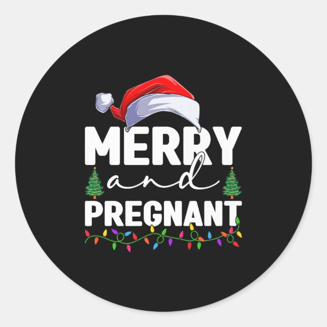 Merry And Pregnant Christmas Pregnancy Announcemen Classic Round Sticker (Front)