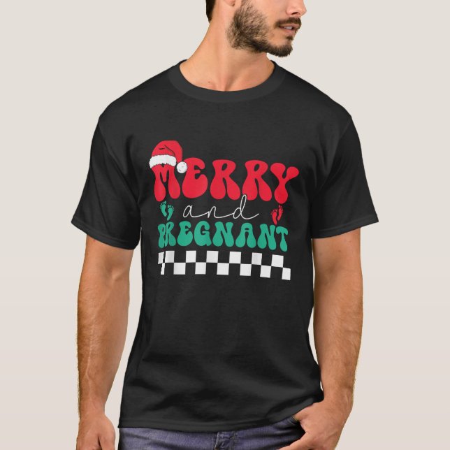 Merry And Pregnant Christmas Pregnancy Announcemen T-Shirt (Front)