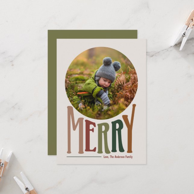 Merry and Retro Christmas Holiday Photo Card (Front/Back In Situ)