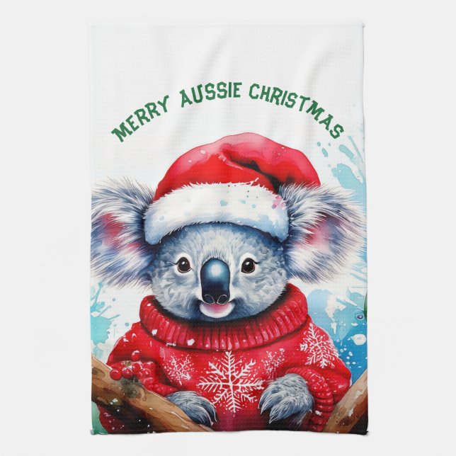 Merry Aussie Christmas Koala  Tea Towel (Vertical)