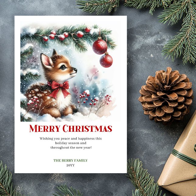 Merry baby deer winter scene snowy forest greeting holiday card (Merry baby deer winter scene snowy forest greeting card)