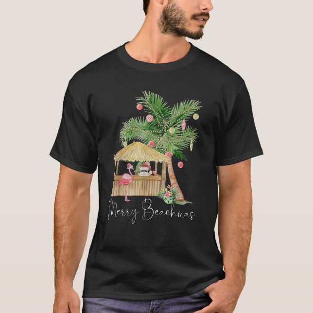 Merry Beachmas Hawaiian Pink Flamingo Palm Tree Ch T-Shirt (Front)