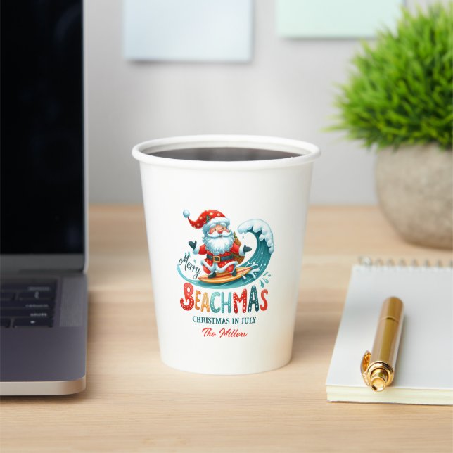 Merry Beachmas Santa Surfing Retro Design Paper Cups (Insitu)