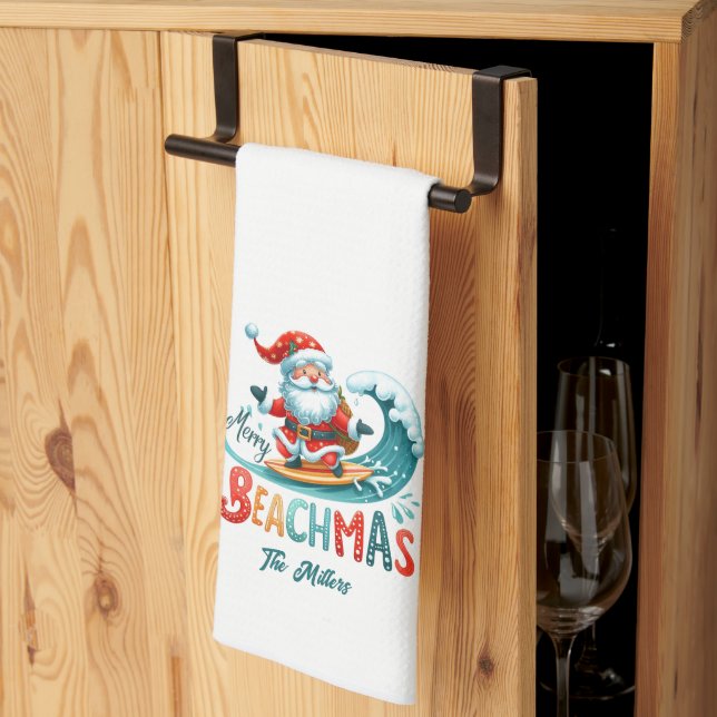 Merry Beachmas Santa Surfing Retro Design Tea Towel (Thirds Fold)