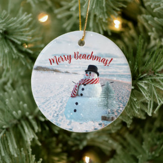 Merry Beachmas Snowy Sandy Snowman - Ceramic Ornament