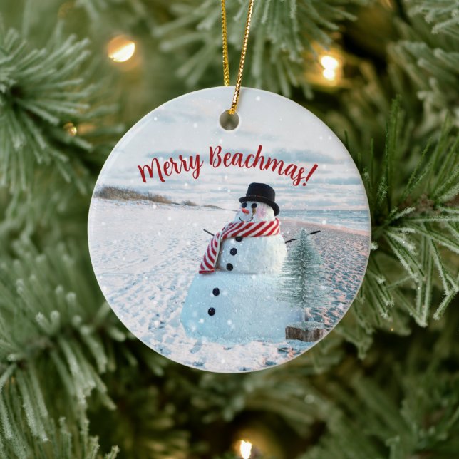 Merry Beachmas Snowy Sandy Snowman - Ceramic Ornament (Tree)