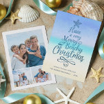Merry Beachy Christmas Tropical 3 Photo Holiday Card<br><div class="desc">Add a coastal vibe to your Christmas cards with this beach themed holiday card featuring typography with the phrase “Have a very merry beachy Christmas” in the shape of a Christmas tree,  with an abstract watercolor beach background. On the back are 3 photos.</div>