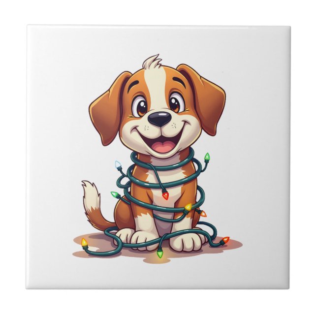 Merry Beagle Lights Ceramic Tile (Front)