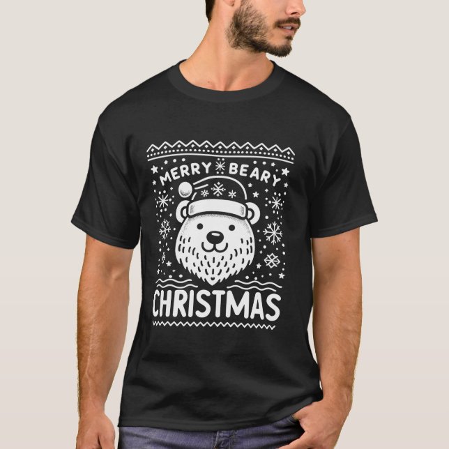 Merry Beary Polar Bear Christmas Holiday Tee Long  (Front)