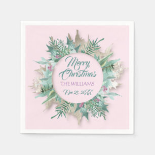 Merry Belly Christmas Branch Holidays Pink Teal Napkin