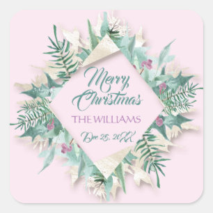 Merry Belly Christmas Framed Holidays Pink Mint Square Sticker