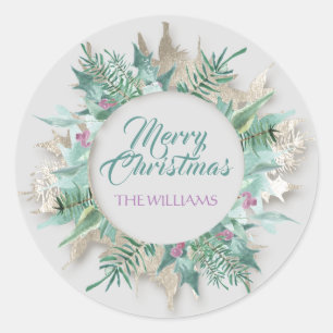 Merry Belly Christmas Happy Holidays Grey Teal Classic Round Sticker
