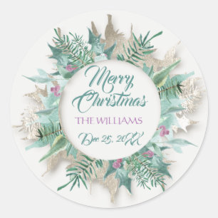 Merry Belly Christmas Holidays Wreath Grey Mint Classic Round Sticker