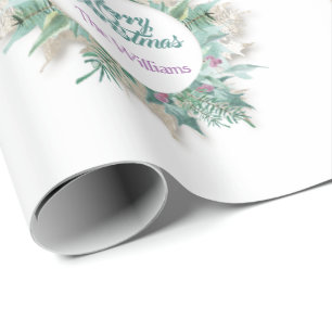 Merry Belly Christmas Holidays Wreath Name White Wrapping Paper