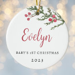 Merry Berries Baby's First Christmas Photo Ceramic Ornament<br><div class="desc">Custom-designed baby's first Christmas ornament featuring rustic watercolor red berries with personalised name,  year,  and photo.</div>