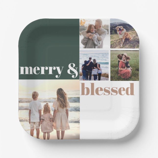 Merry & Blessed Family Christmas Photo Green Paper Plate (Front)