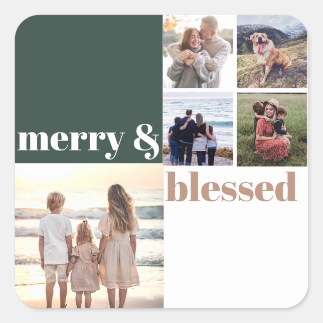 Merry & Blessed Family Christmas Photo Green Square Sticker (Front)