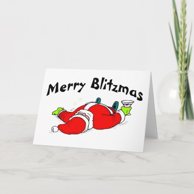 Merry Blitzmas Drunk Santa Holiday Card (Front)