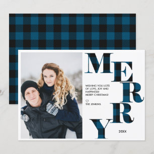 Merry Blue Buffalo Plaid Photo Holiday Invitation