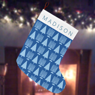 Merry Blue Interfaith Chrismukkah Cute Childs Name Large Christmas Stocking