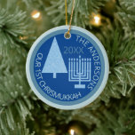 Merry Blue Interfaith Cute 1st Chrismukkah Photo Ceramic Ornament<br><div class="desc">Personalise this cute OUR 1ST CHRISMUKKAH ornament in light blue and dark blue for a one of a kind family keepsake. From the simple pale blue Christmas tree to the matching light blue Hanukkah menorah, this pastel blue and deep blue ceramic ornament will commemorate your first blended interfaith holiday. Upload...</div>