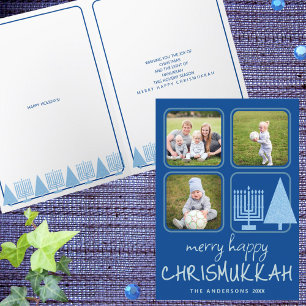 Merry Blue Interfaith Cute Handwriting 3 Photo Holiday Card