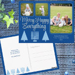 Merry Blue Interfaith Family Kids 3 Photo Holiday Postcard<br><div class="desc">A 3 photo collage holiday postcard template for you to personalise for elegant pastel blue and dark blue interfaith Merry Happy Everything holiday greetings makes it a breeze to create your own Chrismukkah postcards. The front of these chic light blue and dark blue photo postcards feature modern Christmas trees and...</div>