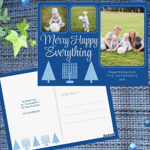 Merry Blue Interfaith Family Kids 3 Photo Holiday Postcard