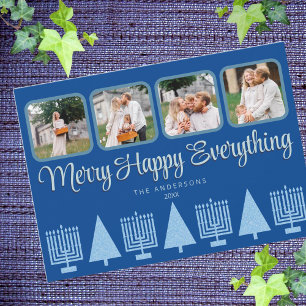 Merry Blue Interfaith Menorah Tree Cute 4 Photo Holiday Card