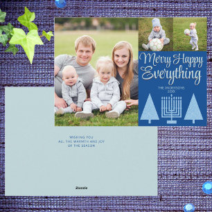 Merry Blue Interfaith Tree Menorah Cute 3 Photo Holiday Card