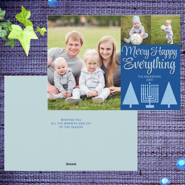 Merry Blue Interfaith Tree Menorah Cute 3 Photo Holiday Card (Cute Merry Happy Everything holiday cards with Christmas trees and Hanukkah menorahs)